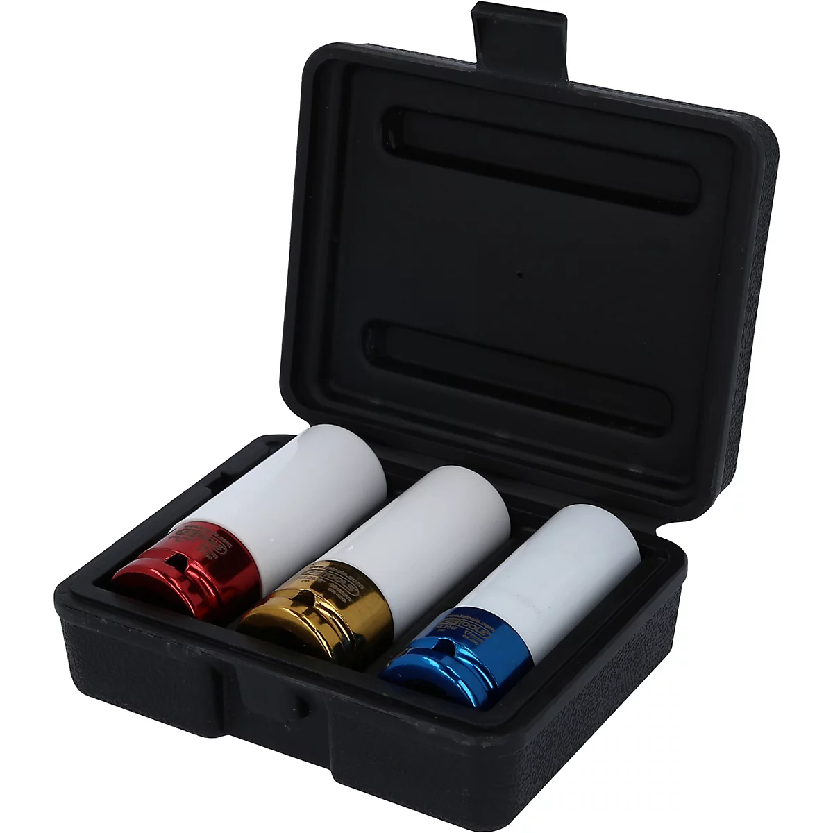 Schwarzer Kasten, geöffnet, mit drei weißen Radmutternschlüssel. Die Enden der Schlüssel sind rot, gold und blau.